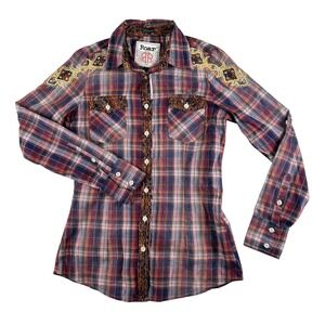 Roar Shirt Womens Small‎ Plaid Lace Embroidered Rhinestone Western Blouse Top
